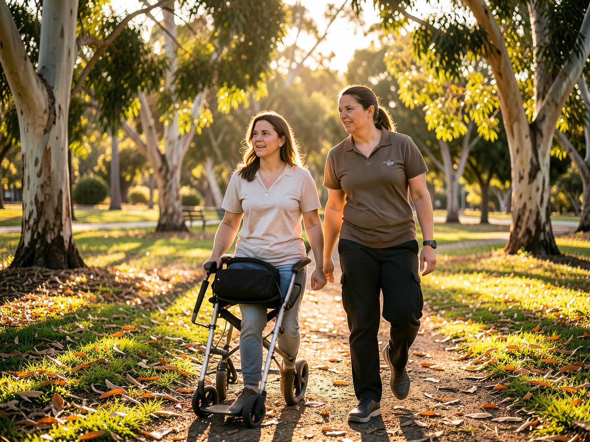 A participant walking through a park with her support worker