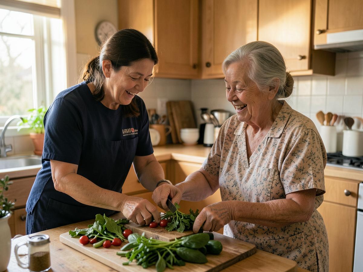 A support worker helping prepare a meal in a home kitchen